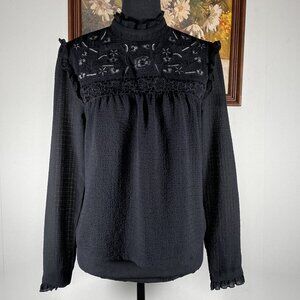 H&M Divided Long Sleeve Blouse Tops Women's Small Black Lace Ruffles Casual